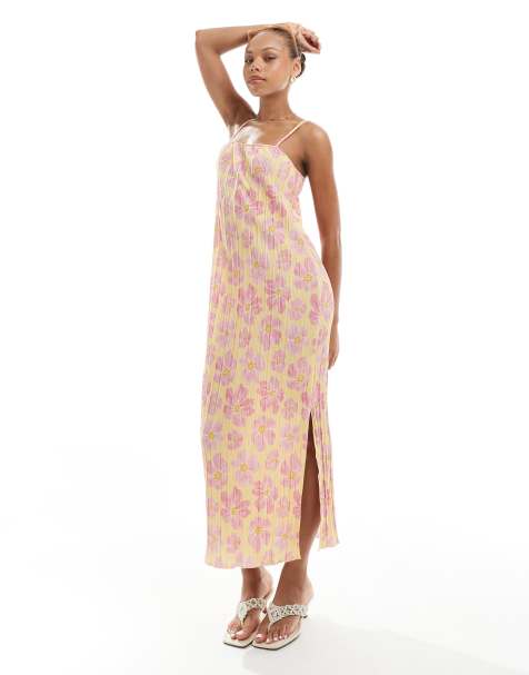 Pieces plisse cami midi dress in orange and pink floral print - view 1