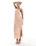 [Pieces] Pieces plisse cami midi dress in orange and pink floral print-Multi XXL Mellow Yellow