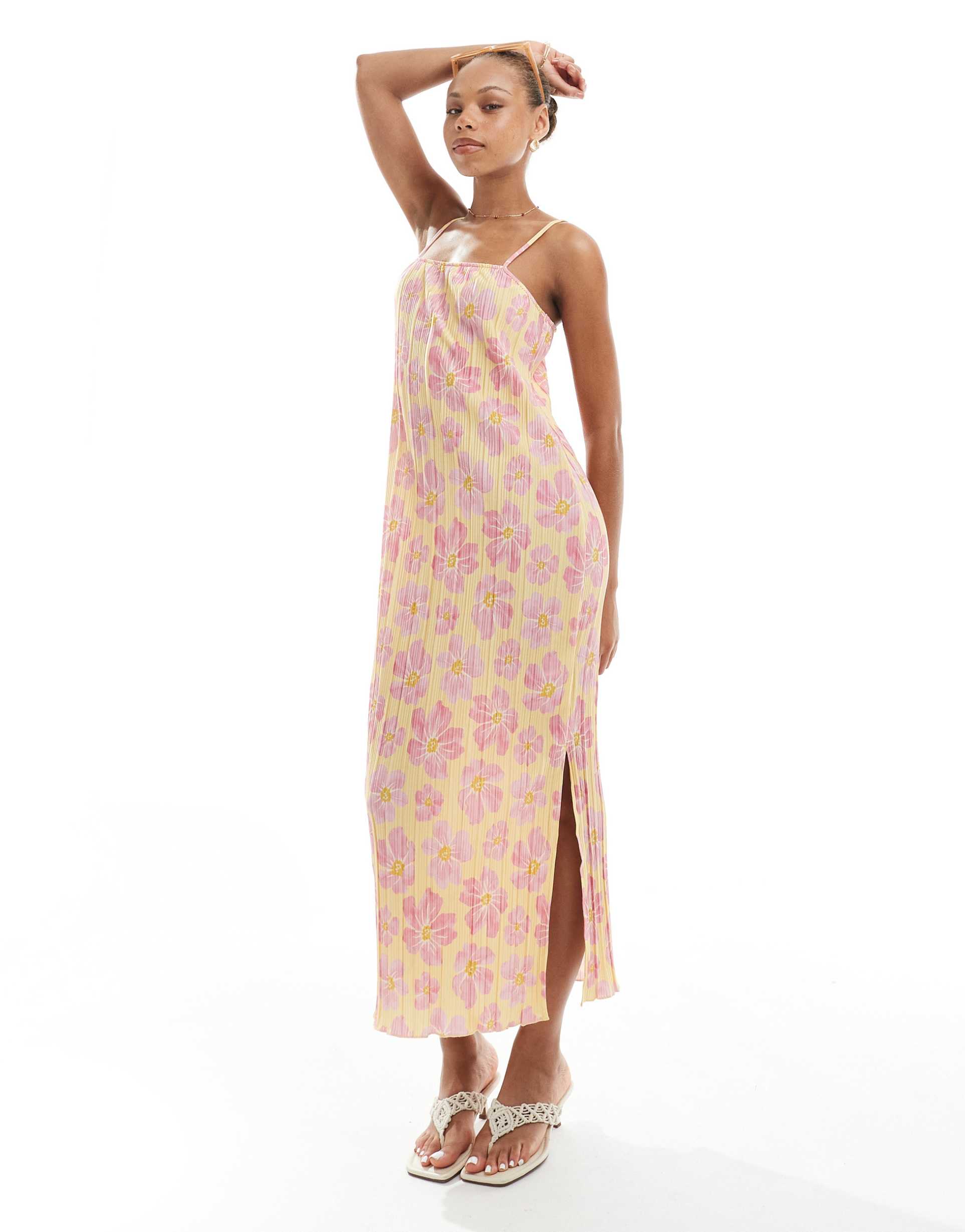 pieces plisse cami midi dress in orange and pink floral print