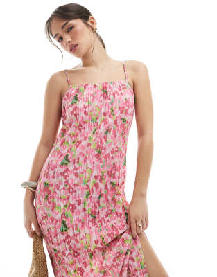 Shop Pieces Plisse Cowl Neck Cami Maxi Dress In Pink