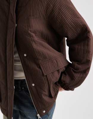 Pieces Plisse Effect Funnel Neck Jacket In Brown