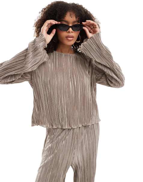 Pieces plisse flared sleeve top co-ord in stone - view 1