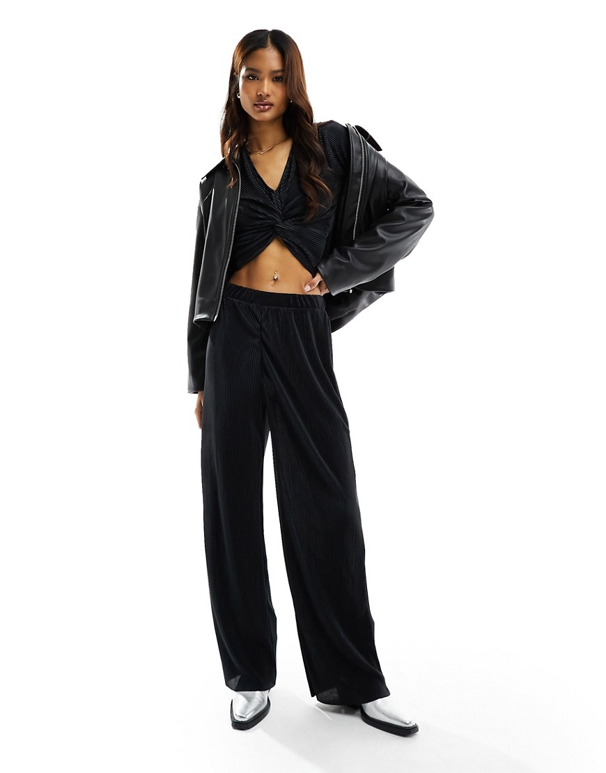 Pieces plisse high wasited wide leg trousers co-ord in black