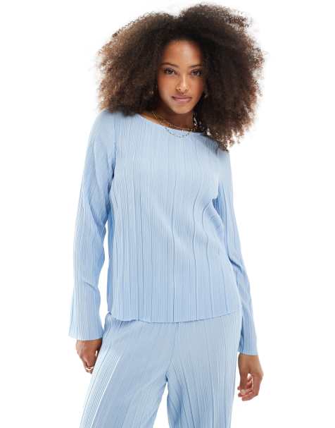 Pieces plisse long sleeve top co-ord in light blue - view 1