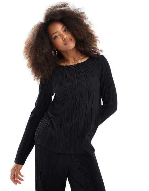 Pieces plisse long sleeve top co-ord in black