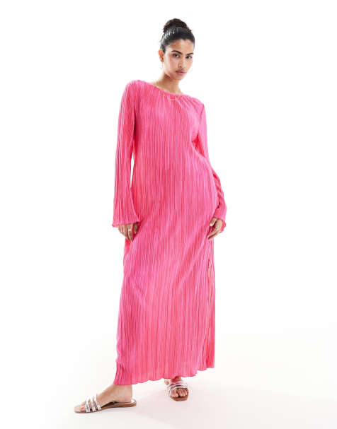 Pieces plisse maxi dress with side splits in bright pink - view 1