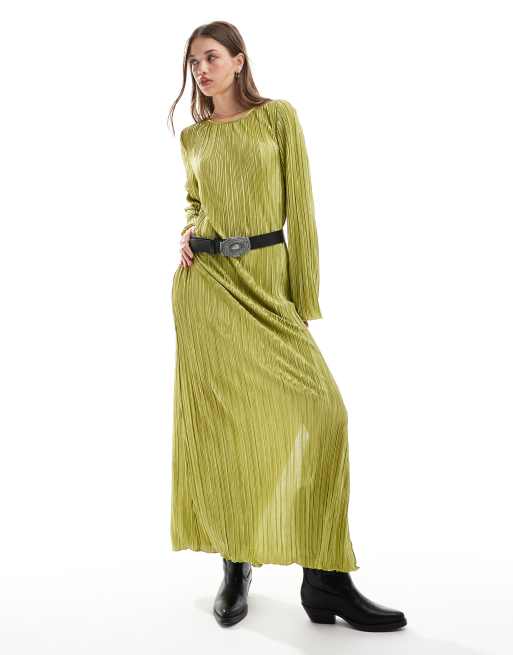 Pieces - Plissé maxi jurk met zijsplitten in groen