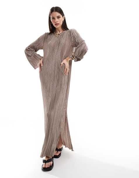 Pieces - Plissé maxi jurk met zijsplitten in stone - view 1