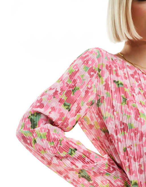 Pieces - Plissé mini jurk met lange mouwen in roze bloemenprint, 2 van 4