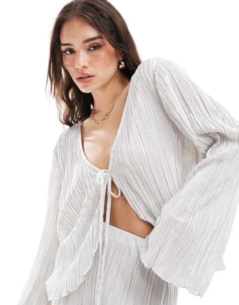 Pieces plisse tie front top co-ord in silver - view 1