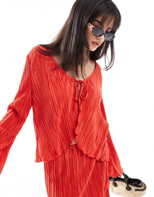 Pieces plisse tie front top in radiant red (part of a set)