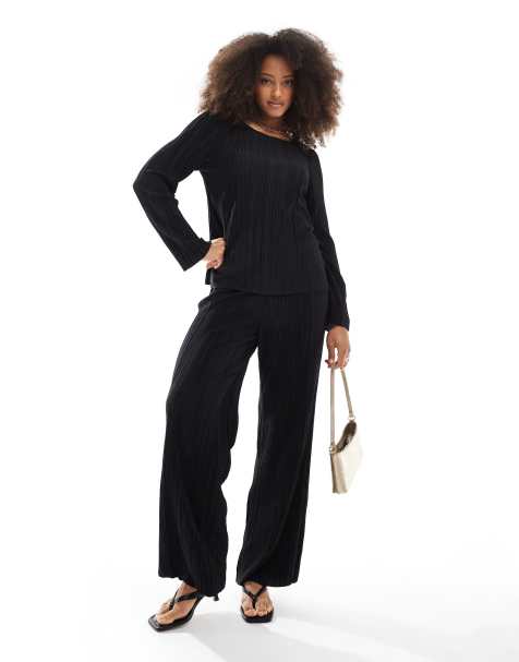 Pieces plisse top and trouser co-ord in black - view 1