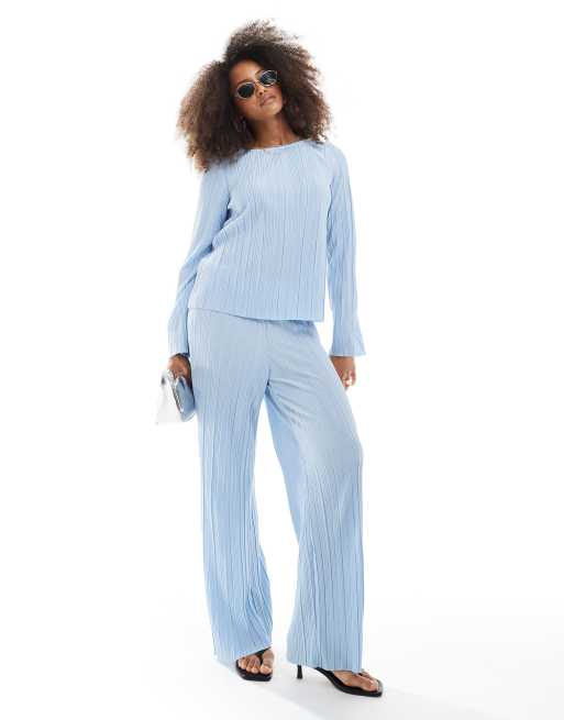 Pieces - Plissé top met lange mouwen in lichtblauw, deel van co-ord set, 2 van 4