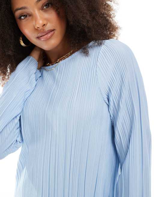 Pieces - Plissé top met lange mouwen in lichtblauw, deel van co-ord set, 3 van 4