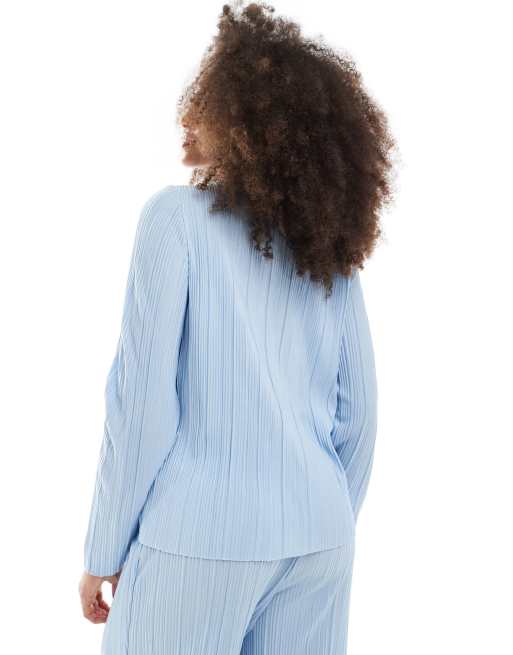 Pieces - Plissé top met lange mouwen in lichtblauw, deel van co-ord set, 4 van 4