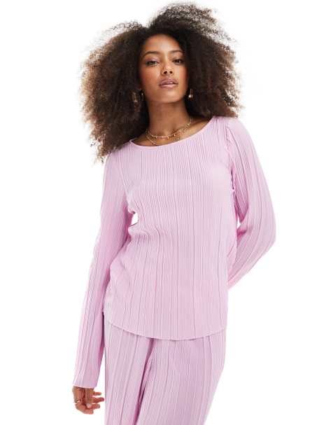 Pieces - Plissé top met lange mouwen in lichtroze, deel van co-ord set - view 1