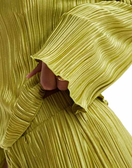 Pieces - Plissé top met uitlopende mouwen in groen, deel van co-ord set, 4 van 4