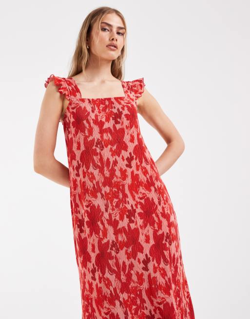Pieces - Plisseret maxikjole med flæseærmer i pink og rødt blomsterprint, 2 af 4