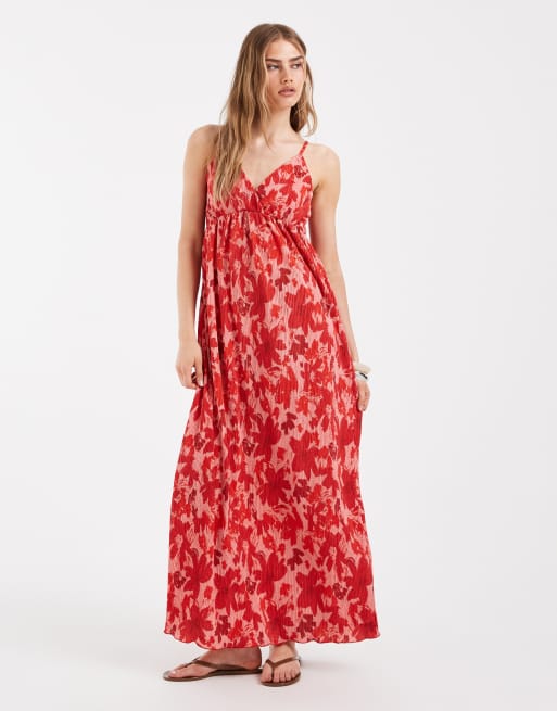 Pieces – Plissiertes Camisole-Maxikleid in Rosa mit rotem Blumenmuster und Wickeldetail, 2 von 4