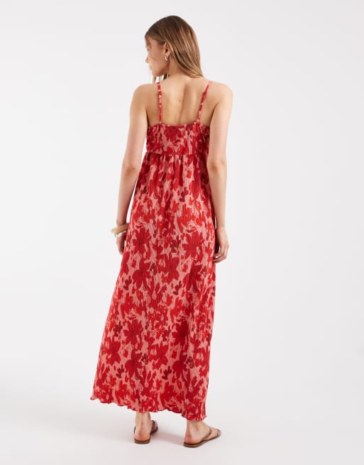 Pieces – Plissiertes Camisole-Maxikleid in Rosa mit rotem Blumenmuster und Wickeldetail, 4 von 4