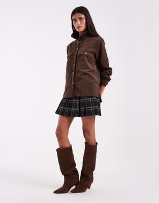 Pieces Pocket Detail Oversized Cord Shirt In Brown