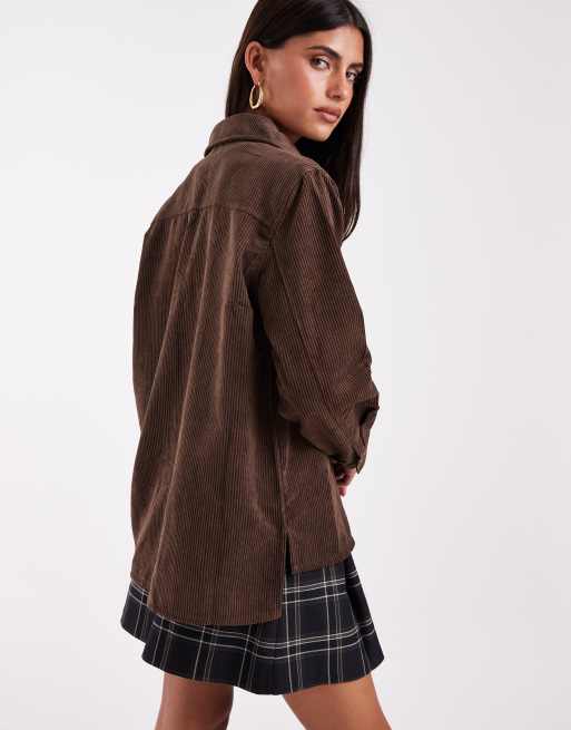 Pieces pocket detail oversized cord shirt in chocolate brown, 2 of 4