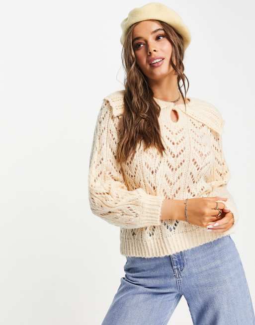 PIECES pointelle cut-out front jumper in cream
