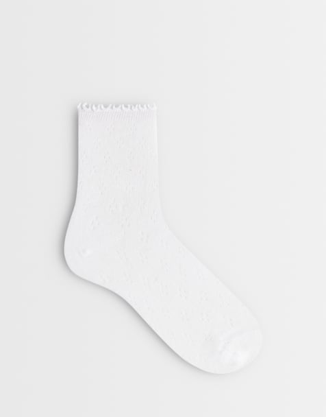 Pieces pointelle frilly trim socks in white - view 1