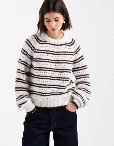 Pieces pointelle knitted jumper in white and chocolate brown