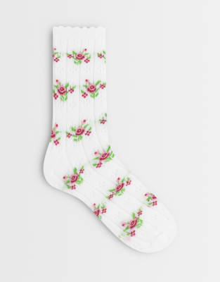 Pieces Pointelle Socks With Rose Print In White