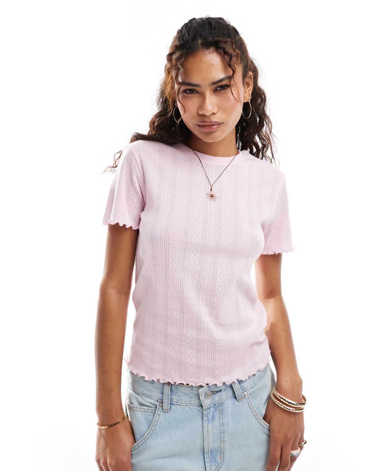 Pieces pointelle t-shirt with baby lock detail in roseate pink
