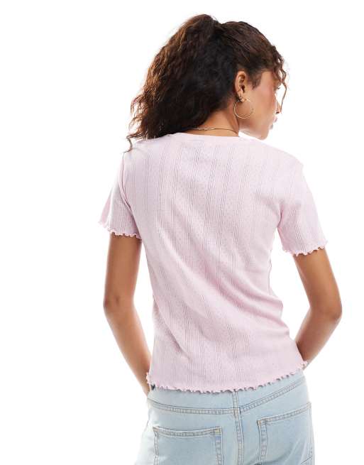 Pieces pointelle t-shirt with baby lock detail in roseate pink, 4 of 4