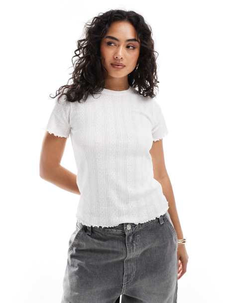 Pieces pointelle t-shirt with baby lock detail in white - view 1
