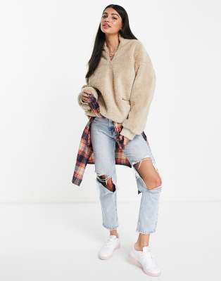 Pieces teddy borg fleece with zip through neck in beige - ASOS Price Checker