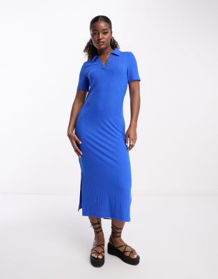 Pieces polo neck midi dress in bright blue