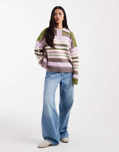 Pieces - Polo oversize in maglia a righe pastello e kaki - view 1