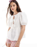 [Pieces] Pieces poplin tie front puff sleeve top in white L WHITE