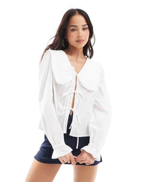 Pieces - Poplin top met gestrikte voorkant en kraag met ruches in wit - view 1
