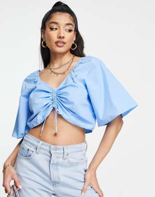 Pieces poplin wide sleeve ruched top in blue