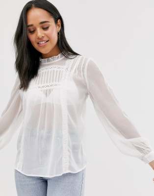 Pieces prairie lace detail blouse-White