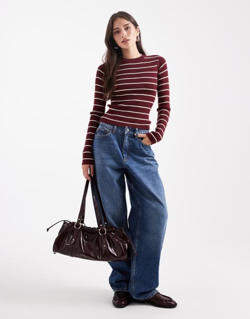 Pieces – Prążkowany bordowy dzianinowy top w kremowe paski, 3 z 4