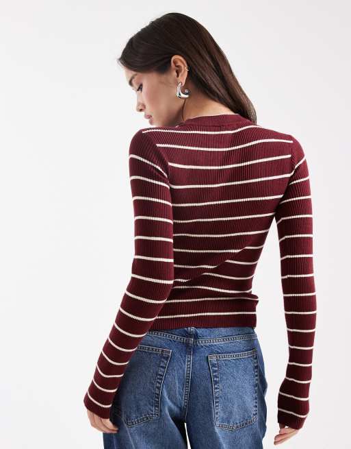 Pieces – Prążkowany bordowy dzianinowy top w kremowe paski, 4 z 4