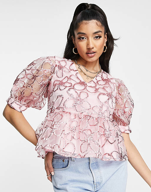 Pieces Premium embroidered floral puff sleeve peplum top in pink