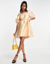 miss selfridge jacquard puff sleeve smock dress in gold