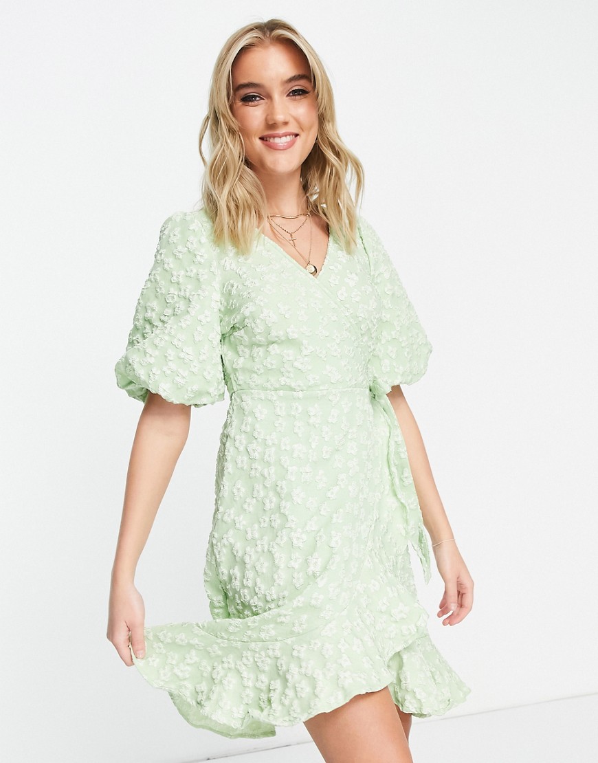 Pieces Premium embroidered wrap puff sleeve mini dress in green