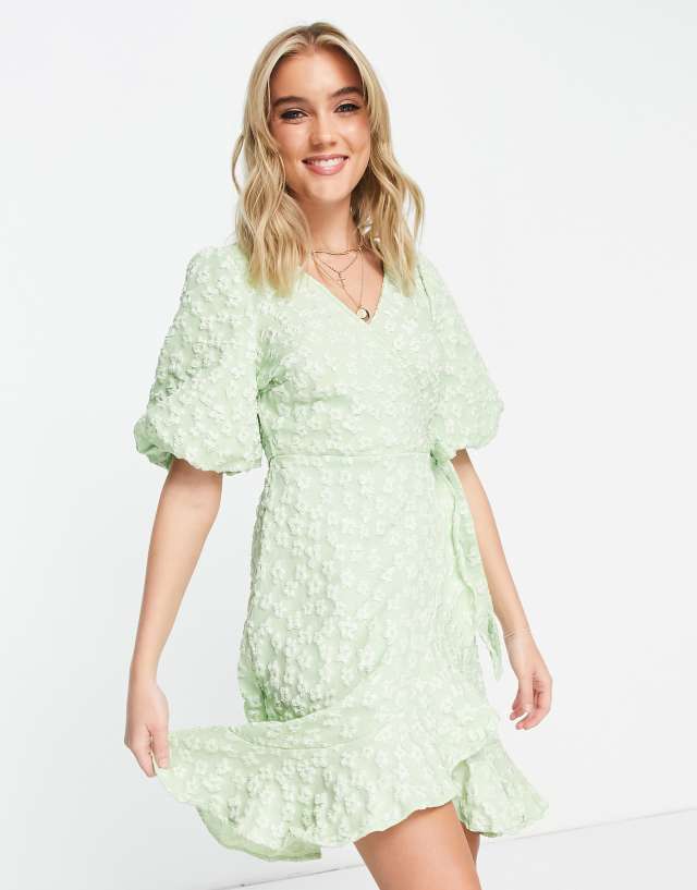 Pieces - premium embroidered wrap puff sleeve mini dress in green