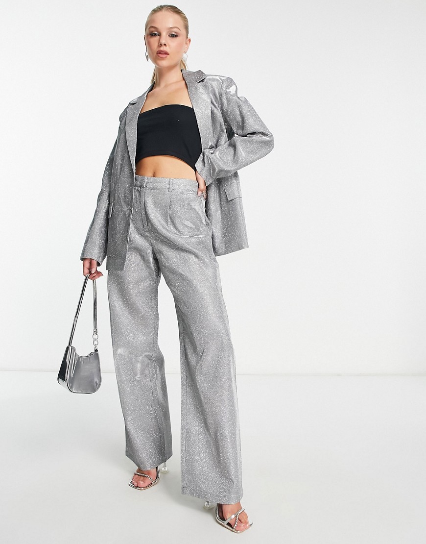 Pieces Premium exclusive glitter tailored pants in silver - part of a set