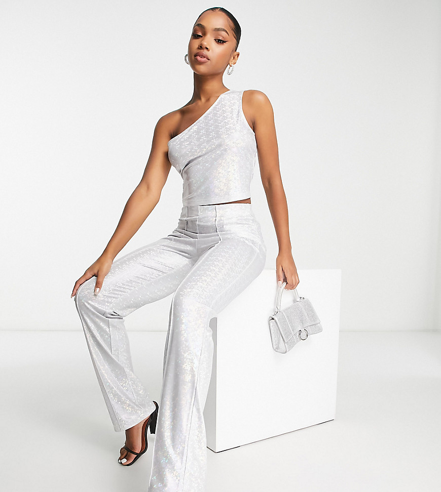 Pieces Premium exclusive holographic flared trousers co-ord in silver