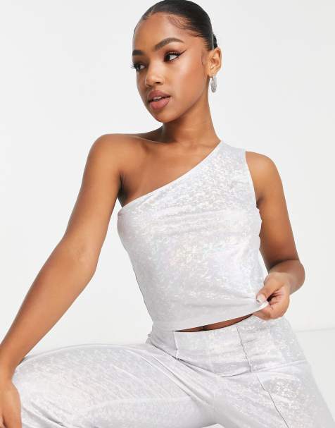 Pieces Premium exclusive holographic one shoulder top co-ord in silver - view 1