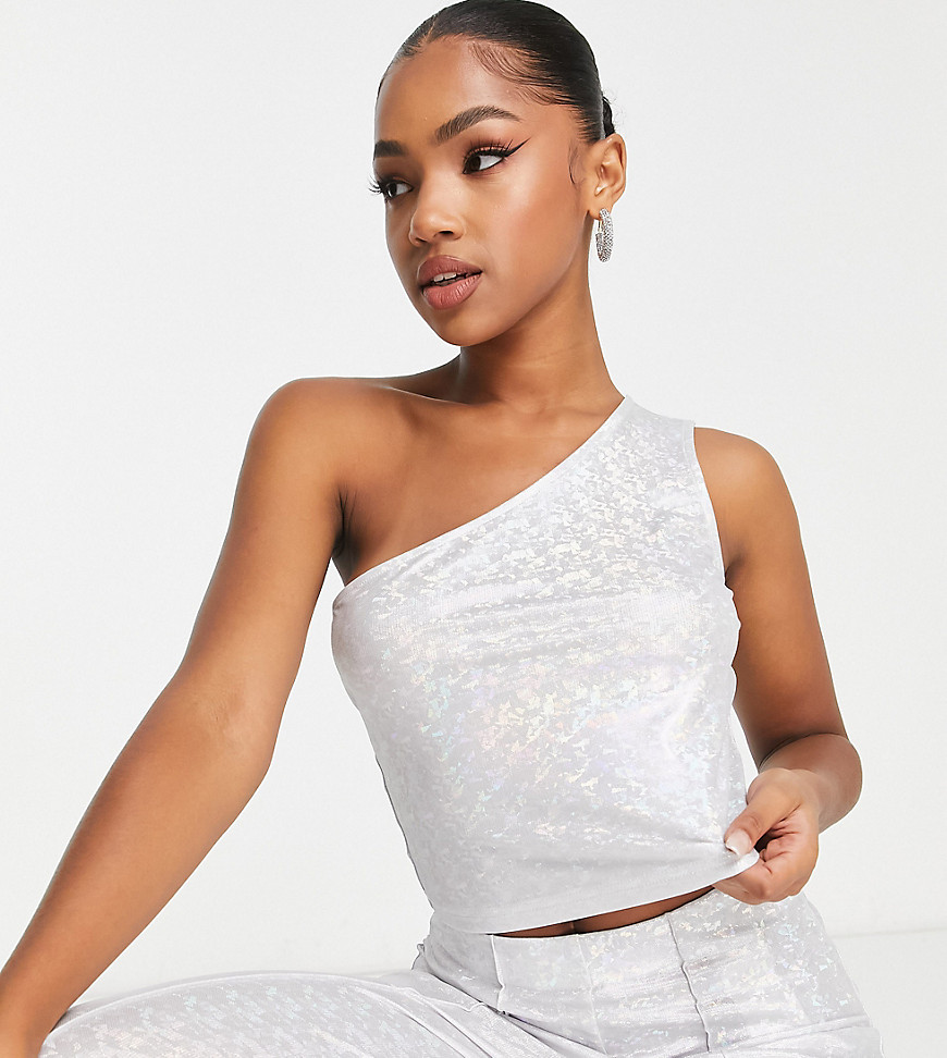 Pieces Premium exclusive holographic one shoulder top co-ord in silver